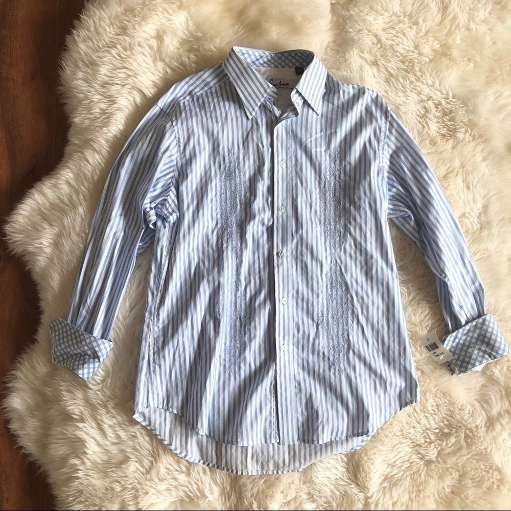 Robert Graham Blue Stripe Embroidered Shirt Mens M